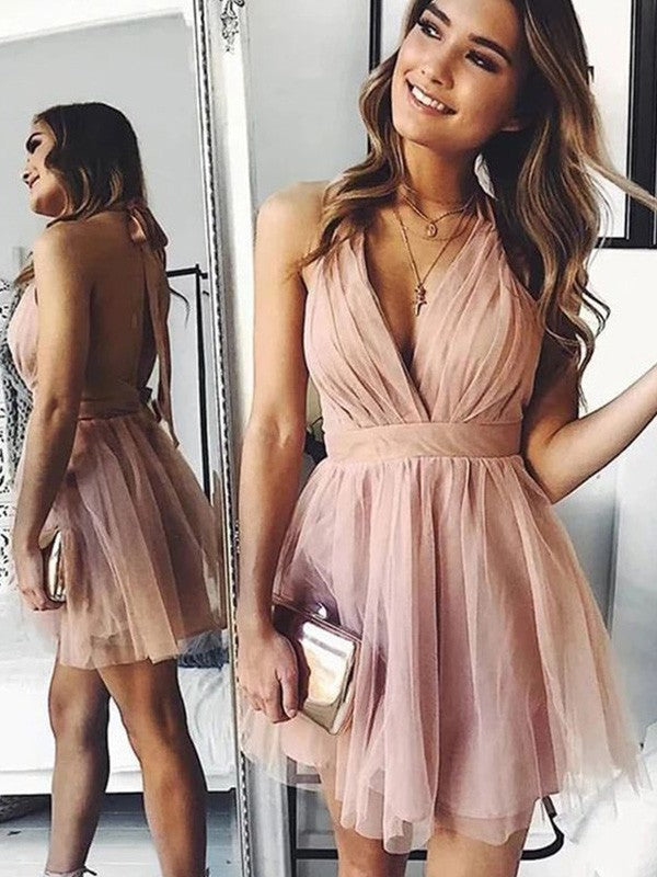 A-Line/Princess Tulle Ruched Halter Sleeveless Short/Mini Homecoming Dress