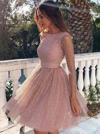 A-Line/Princess Ruffles 3/4 Sleeves Scoop Short/Mini Homecoming Dress