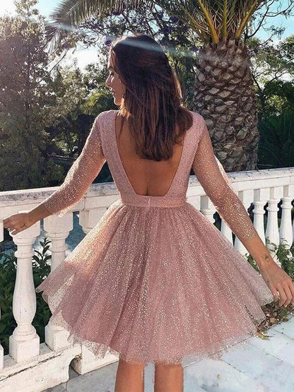 A-Line/Princess Ruffles 3/4 Sleeves Scoop Short/Mini Homecoming Dress