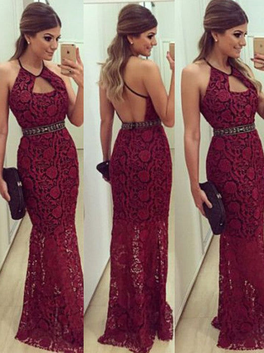 Sheath Lace Halter Sleeveless Floor-Length With Beading Prom Dress