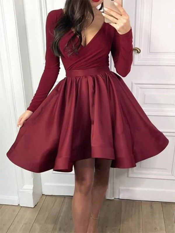 A-Line/Princess Ruffles Long Sleeves V-neck Satin Short/Mini Homecoming Dress