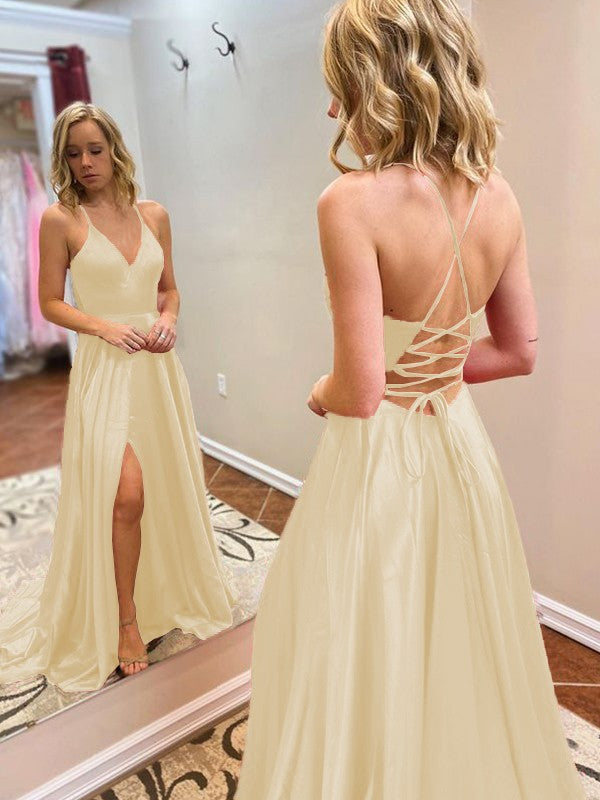 A-Line/Princess Sweep/Brush Train V-neck Sleeveless Elastic Woven Satin Ruffles Prom Dress
