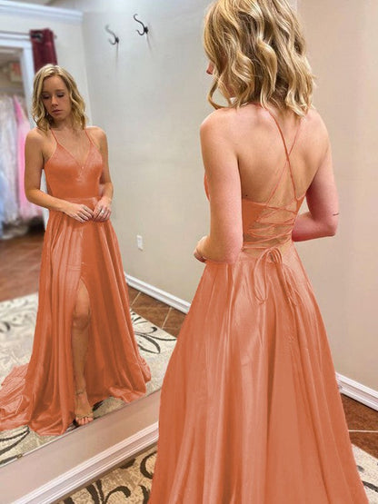 A-Line/Princess Sweep/Brush Train V-neck Sleeveless Elastic Woven Satin Ruffles Prom Dress