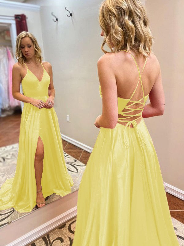 A-Line/Princess Sweep/Brush Train V-neck Sleeveless Elastic Woven Satin Ruffles Prom Dress