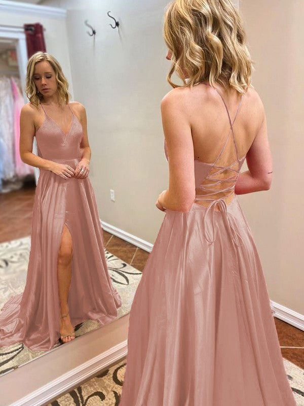 A-Line/Princess Sweep/Brush Train V-neck Sleeveless Elastic Woven Satin Ruffles Prom Dress