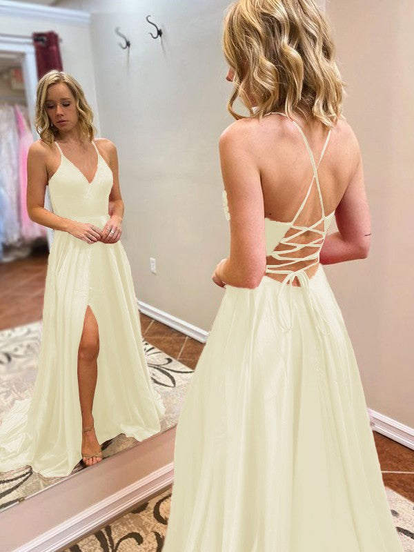 A-Line/Princess Sweep/Brush Train V-neck Sleeveless Elastic Woven Satin Ruffles Prom Dress