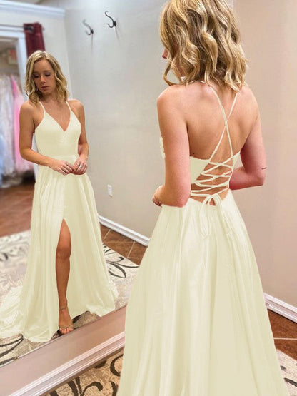 A-Line/Princess Sweep/Brush Train V-neck Sleeveless Elastic Woven Satin Ruffles Prom Dress