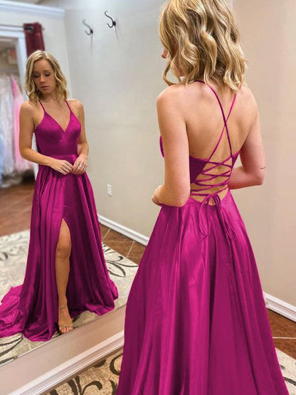 A-Line/Princess Sweep/Brush Train V-neck Sleeveless Elastic Woven Satin Ruffles Prom Dress