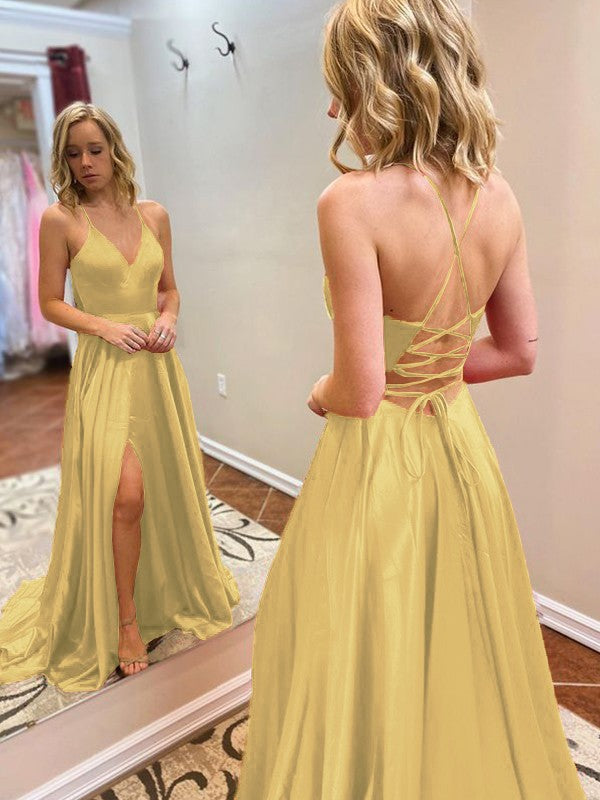 A-Line/Princess Sweep/Brush Train V-neck Sleeveless Elastic Woven Satin Ruffles Prom Dress