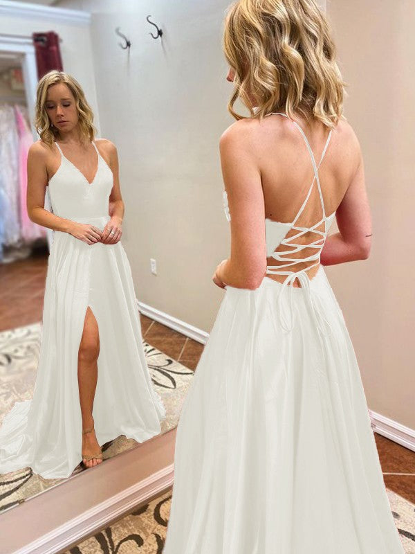 A-Line/Princess Sweep/Brush Train V-neck Sleeveless Elastic Woven Satin Ruffles Prom Dress