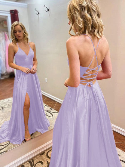 A-Line/Princess Sweep/Brush Train V-neck Sleeveless Elastic Woven Satin Ruffles Prom Dress