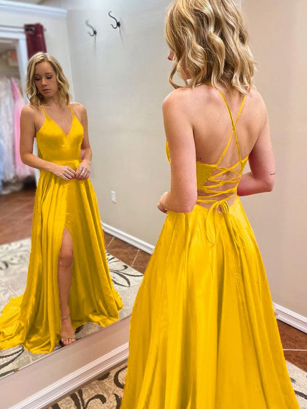 A-Line/Princess Sweep/Brush Train V-neck Sleeveless Elastic Woven Satin Ruffles Prom Dress