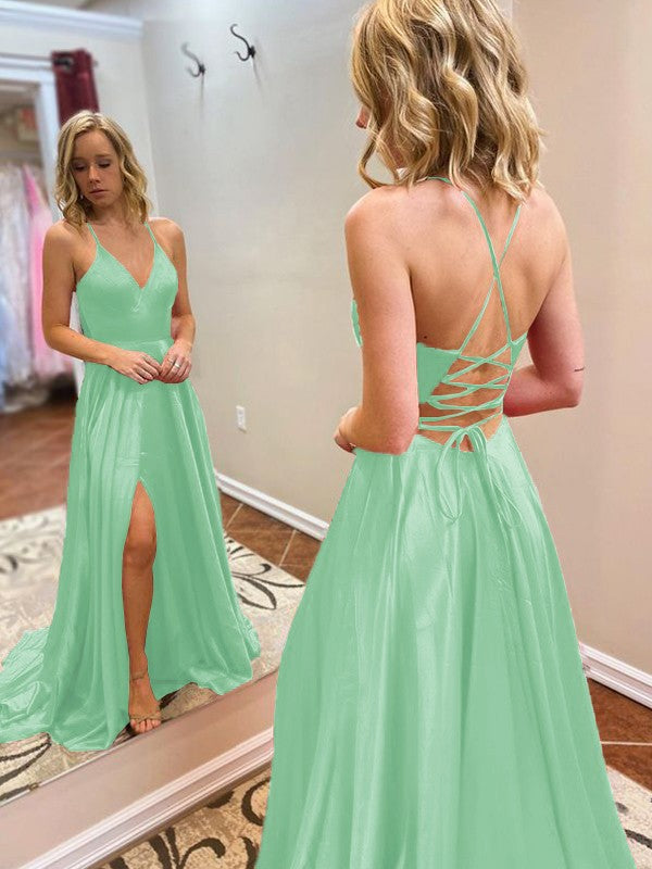 A-Line/Princess Sweep/Brush Train V-neck Sleeveless Elastic Woven Satin Ruffles Prom Dress