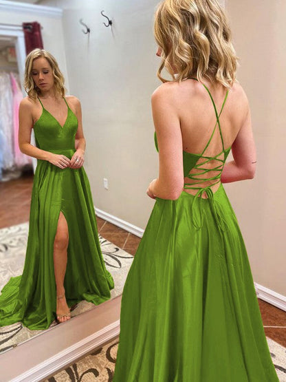 A-Line/Princess Sweep/Brush Train V-neck Sleeveless Elastic Woven Satin Ruffles Prom Dress