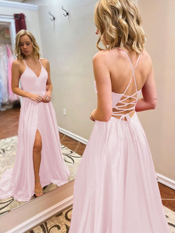 A-Line/Princess Sweep/Brush Train V-neck Sleeveless Elastic Woven Satin Ruffles Prom Dress