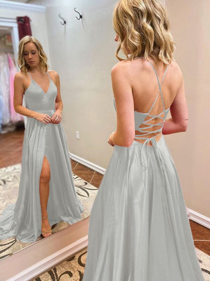 A-Line/Princess Sweep/Brush Train V-neck Sleeveless Elastic Woven Satin Ruffles Prom Dress
