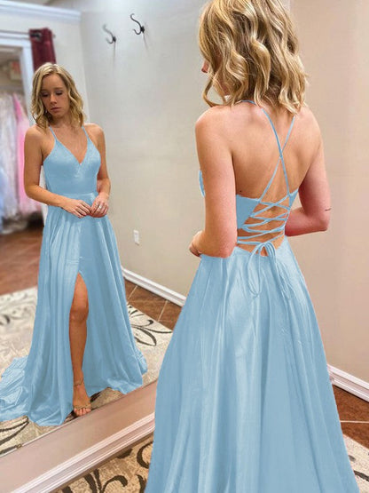 A-Line/Princess Sweep/Brush Train V-neck Sleeveless Elastic Woven Satin Ruffles Prom Dress