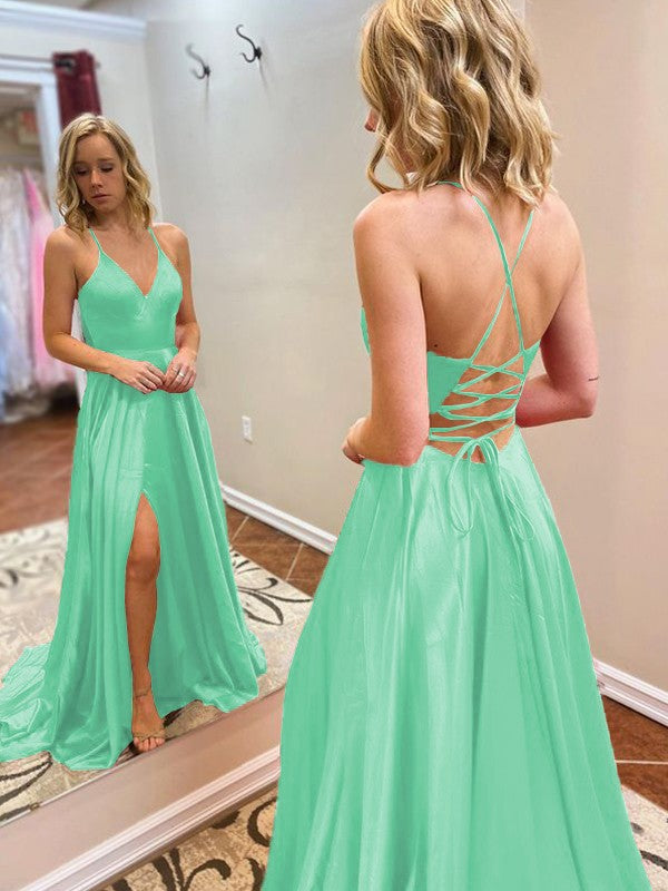 A-Line/Princess Sweep/Brush Train V-neck Sleeveless Elastic Woven Satin Ruffles Prom Dress