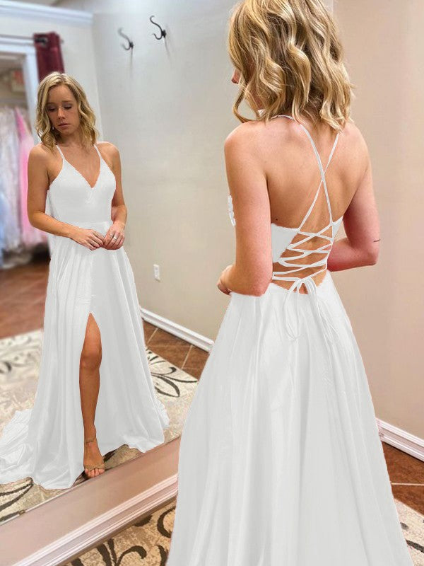 A-Line/Princess Sweep/Brush Train V-neck Sleeveless Elastic Woven Satin Ruffles Prom Dress