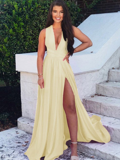 A-Line/Princess Sweep/Brush Train V-neck Sleeveless Silk like Satin Ruffles Prom Dress