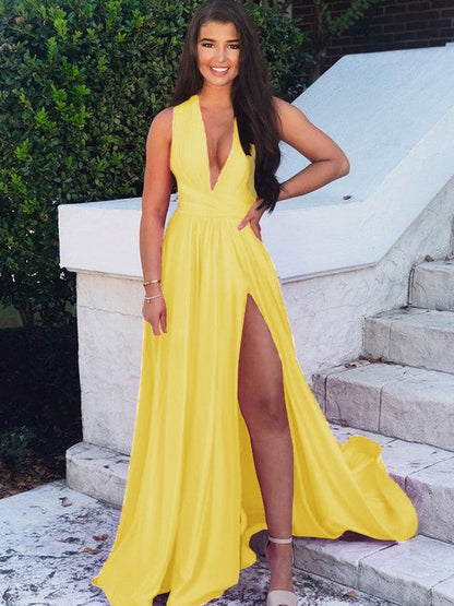 A-Line/Princess Sweep/Brush Train V-neck Sleeveless Silk like Satin Ruffles Prom Dress