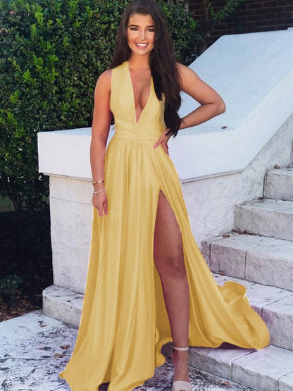 A-Line/Princess Sweep/Brush Train V-neck Sleeveless Silk like Satin Ruffles Prom Dress
