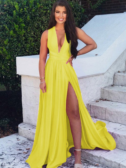 A-Line/Princess Sweep/Brush Train V-neck Sleeveless Silk like Satin Ruffles Prom Dress