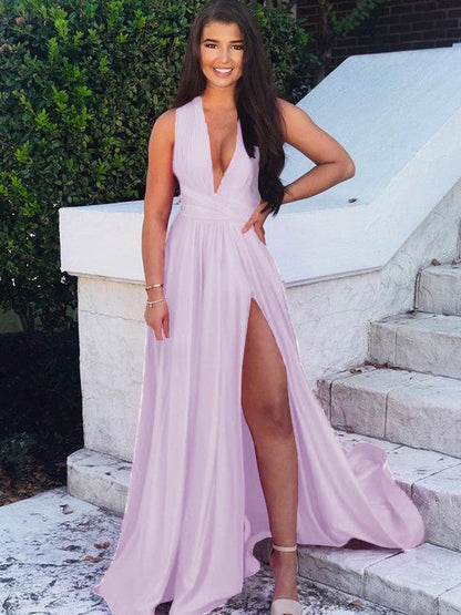A-Line/Princess Sweep/Brush Train V-neck Sleeveless Silk like Satin Ruffles Prom Dress