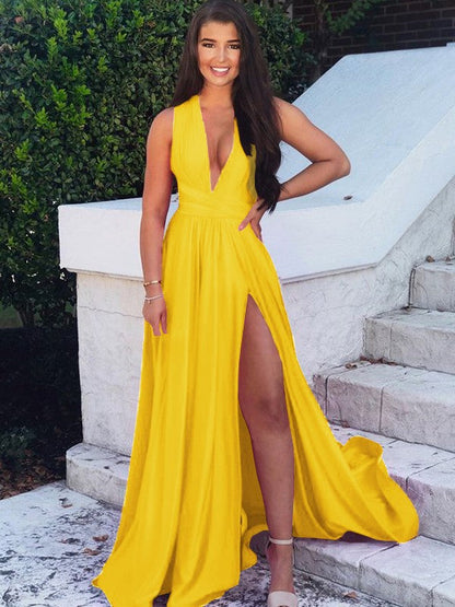 A-Line/Princess Sweep/Brush Train V-neck Sleeveless Silk like Satin Ruffles Prom Dress