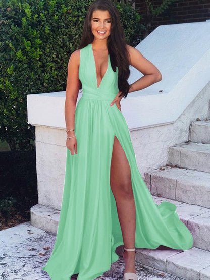 A-Line/Princess Sweep/Brush Train V-neck Sleeveless Silk like Satin Ruffles Prom Dress
