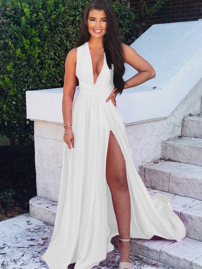 A-Line/Princess Sweep/Brush Train V-neck Sleeveless Silk like Satin Ruffles Prom Dress