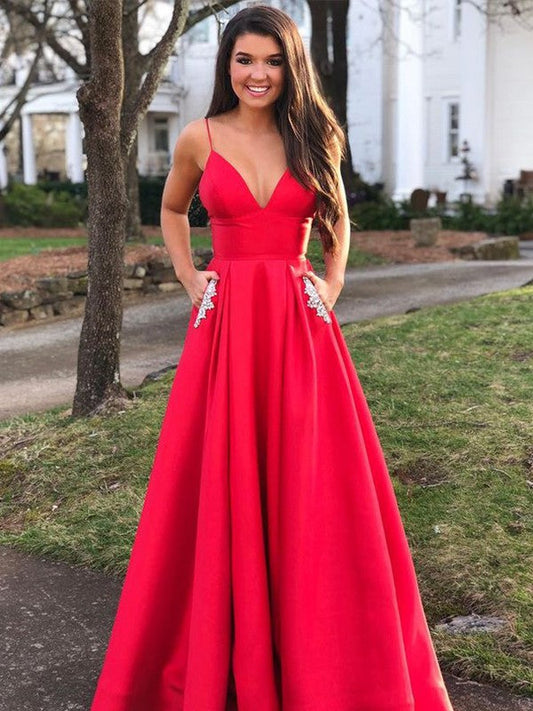 A-Line/Princess Floor-Length V-neck Sleeveless Satin Beading Prom Dress