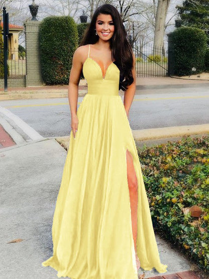 A-Line/Princess Floor-Length V-neck Sleeveless Chiffon Ruffles Prom Dress