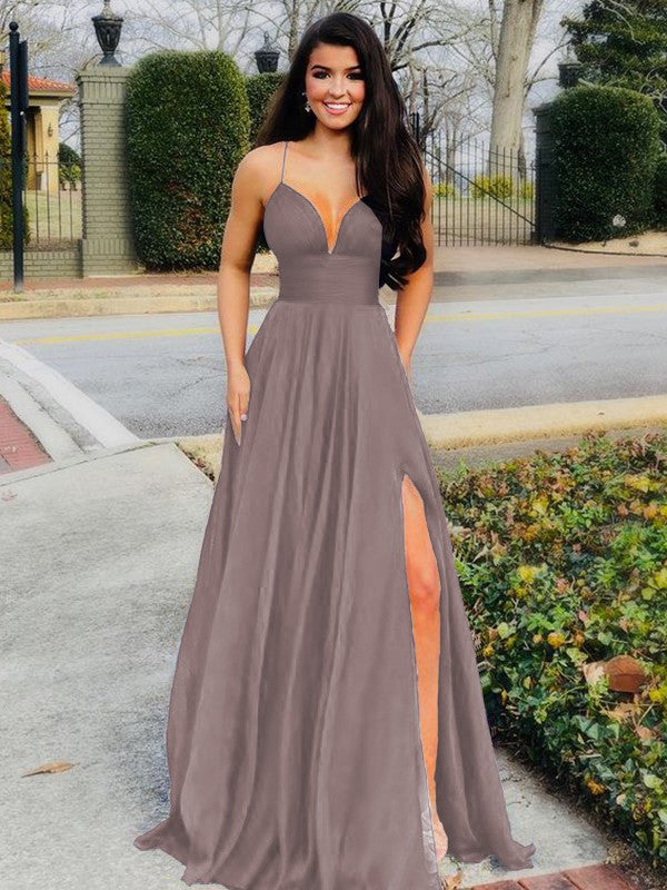 A-Line/Princess Floor-Length V-neck Sleeveless Chiffon Ruffles Prom Dress