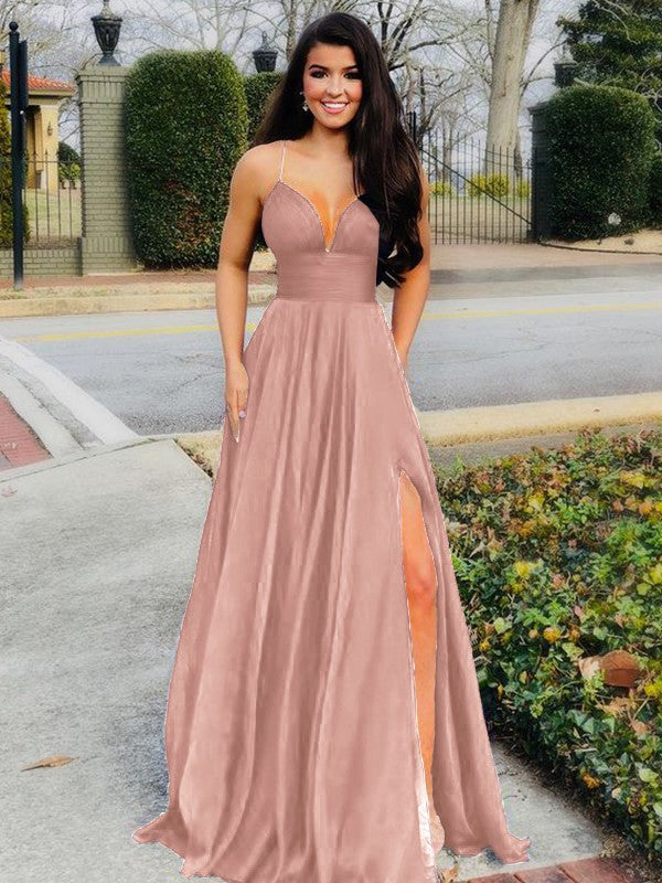 A-Line/Princess Floor-Length V-neck Sleeveless Chiffon Ruffles Prom Dress