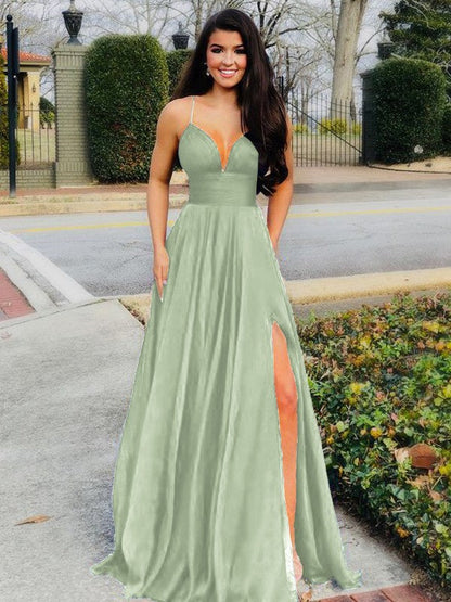 A-Line/Princess Floor-Length V-neck Sleeveless Chiffon Ruffles Prom Dress