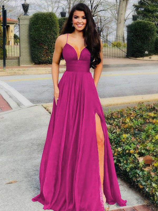 A-Line/Princess Floor-Length V-neck Sleeveless Chiffon Ruffles Prom Dress