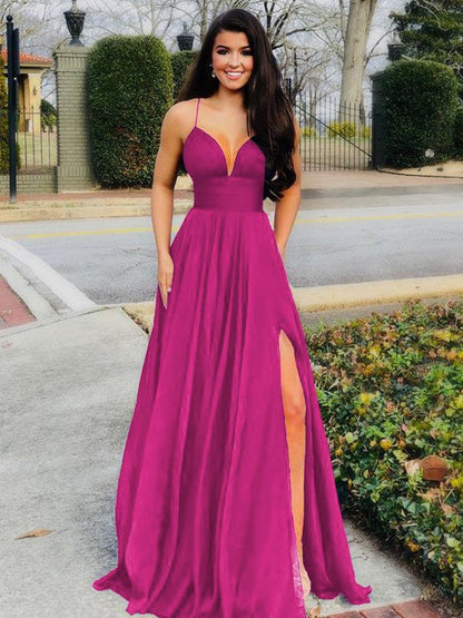 A-Line/Princess Floor-Length V-neck Sleeveless Chiffon Ruffles Prom Dress
