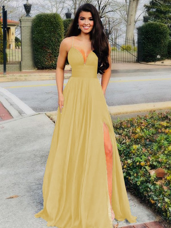 A-Line/Princess Floor-Length V-neck Sleeveless Chiffon Ruffles Prom Dress