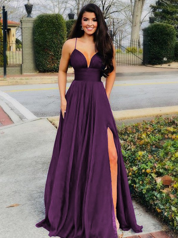 A-Line/Princess Floor-Length V-neck Sleeveless Chiffon Ruffles Prom Dress