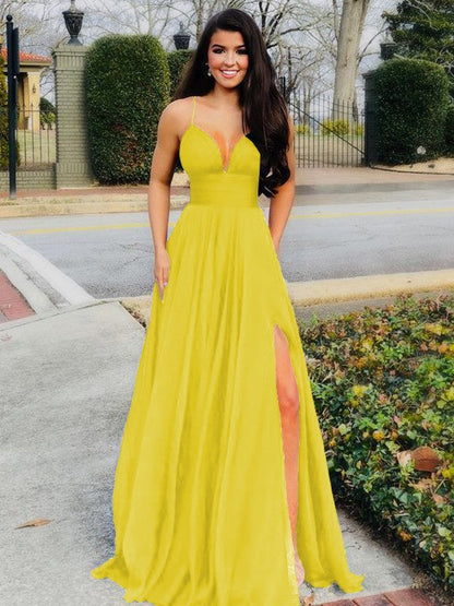 A-Line/Princess Floor-Length V-neck Sleeveless Chiffon Ruffles Prom Dress