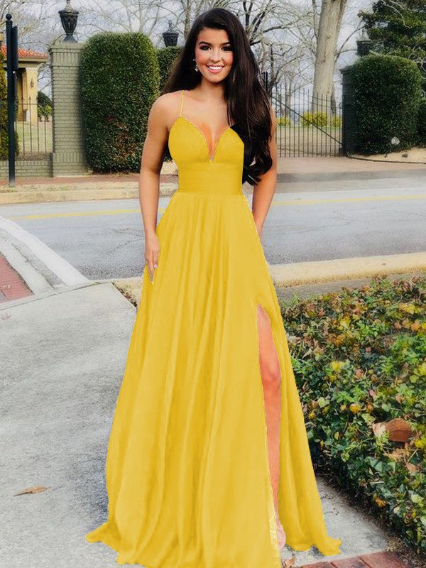 A-Line/Princess Floor-Length V-neck Sleeveless Chiffon Ruffles Prom Dress
