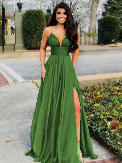 A-Line/Princess Floor-Length V-neck Sleeveless Chiffon Ruffles Prom Dress