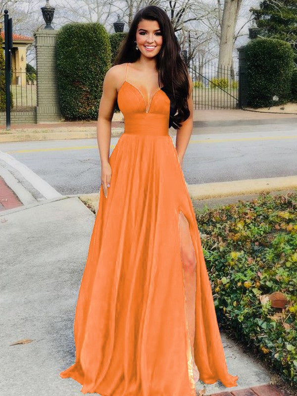 A-Line/Princess Floor-Length V-neck Sleeveless Chiffon Ruffles Prom Dress