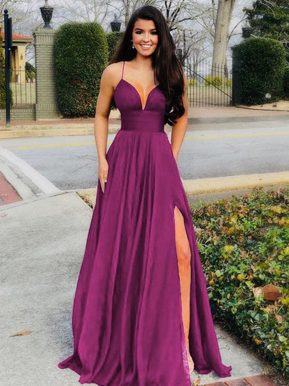 A-Line/Princess Floor-Length V-neck Sleeveless Chiffon Ruffles Prom Dress