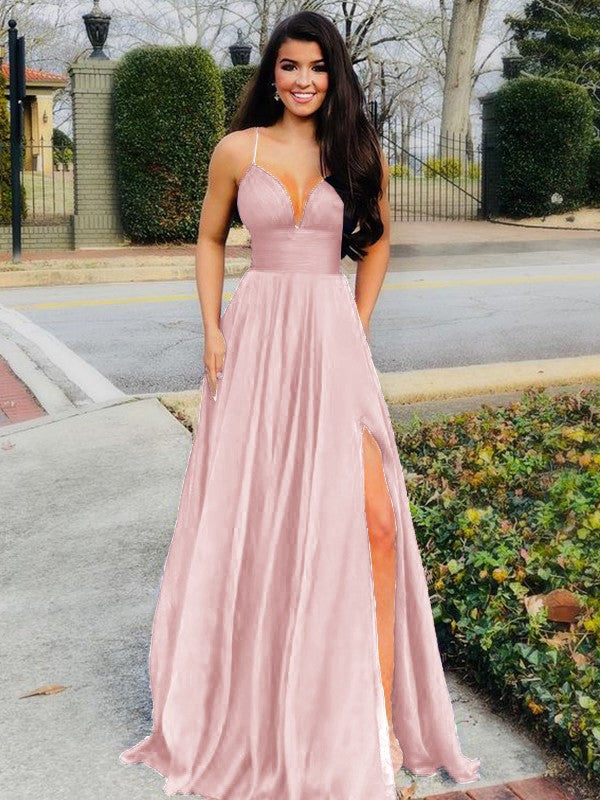 A-Line/Princess Floor-Length V-neck Sleeveless Chiffon Ruffles Prom Dress