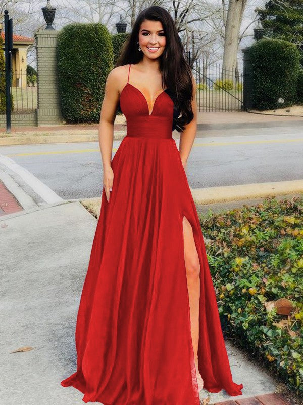 A-Line/Princess Floor-Length V-neck Sleeveless Chiffon Ruffles Prom Dress