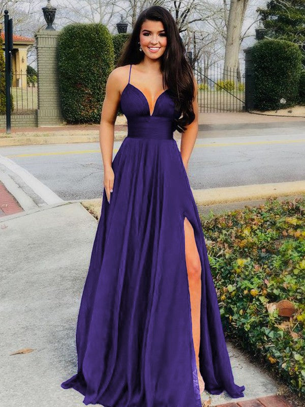 A-Line/Princess Floor-Length V-neck Sleeveless Chiffon Ruffles Prom Dress
