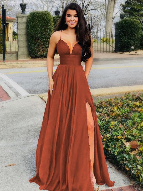 A-Line/Princess Floor-Length V-neck Sleeveless Chiffon Ruffles Prom Dress