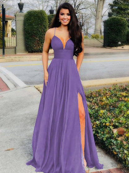A-Line/Princess Floor-Length V-neck Sleeveless Chiffon Ruffles Prom Dress